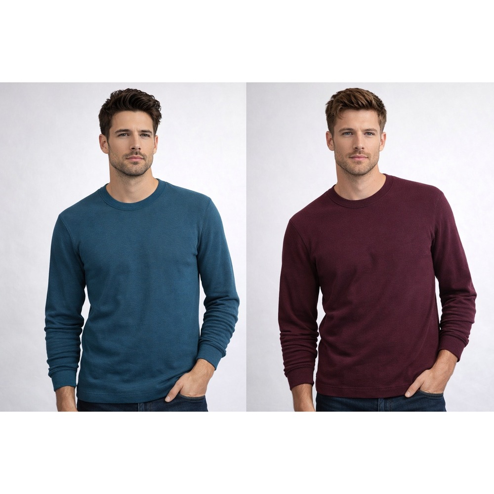 Eddie Bauer Thermal Shirt Men TL Burgundy Blue Waffle Knit Classic Cabincore Tee